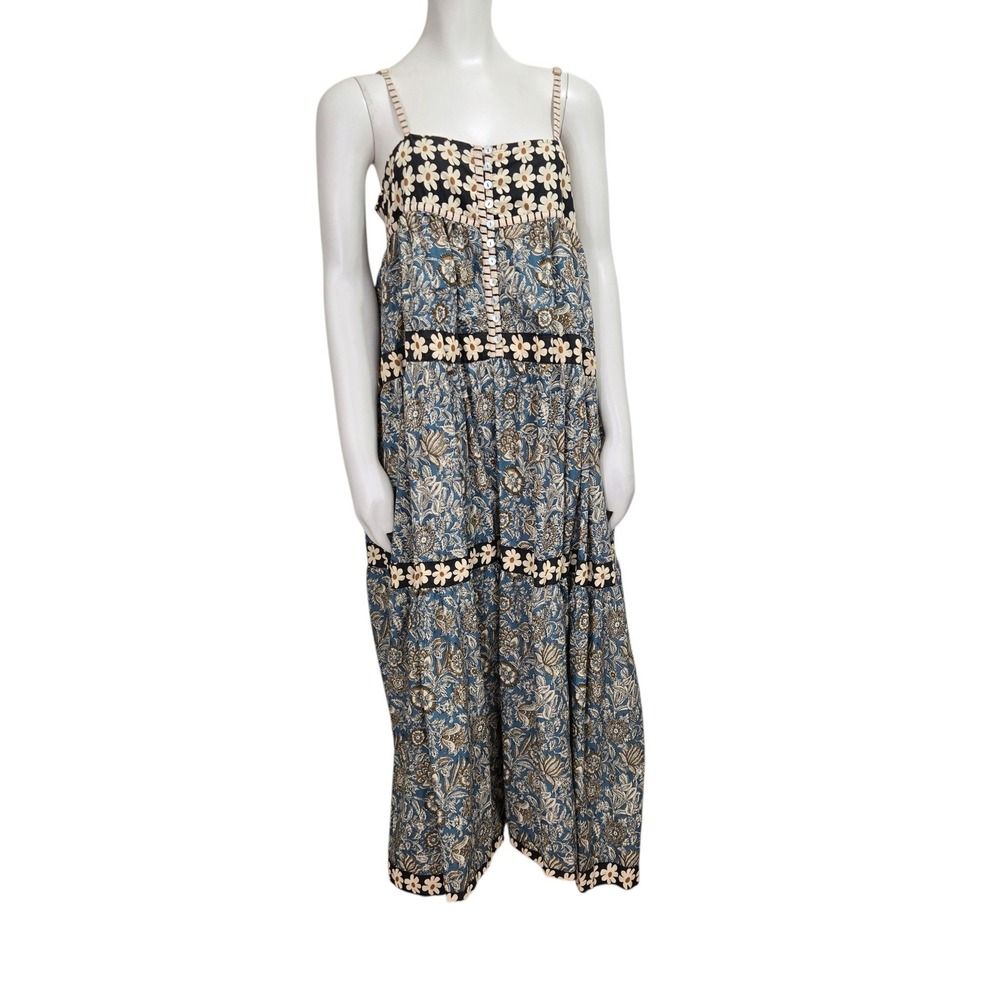 Natural Life Maxi Dress Large Floral Daisy Tiered Cotton Boho Festival Prairie